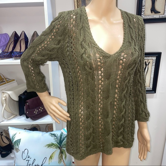 Lauren Ralph Lauren Olive Green Mercerized Cotton Crochet Eyelet V Neck Sweater - Picture 2 of 13